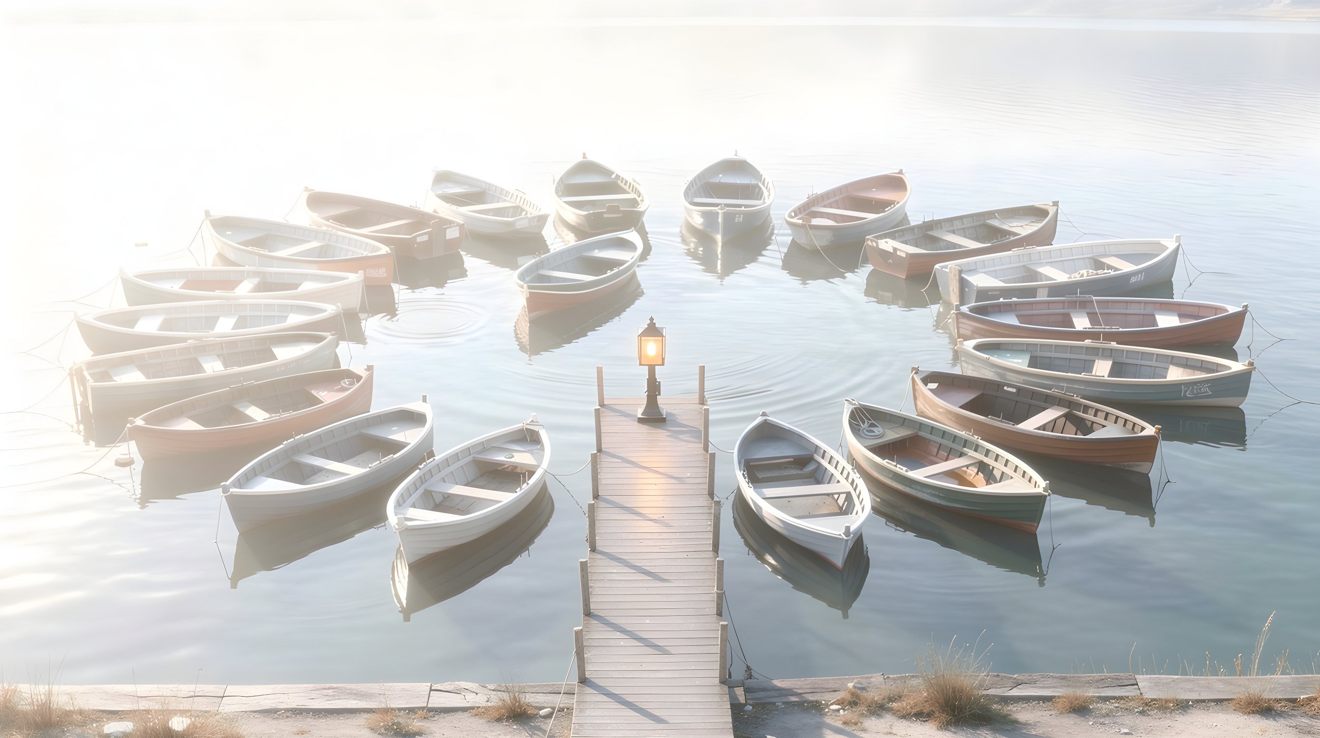 Illustration: a still harbor at night with small wooden rowboats moored in a ring around one central wooden pier, a lantern glowing at its end.