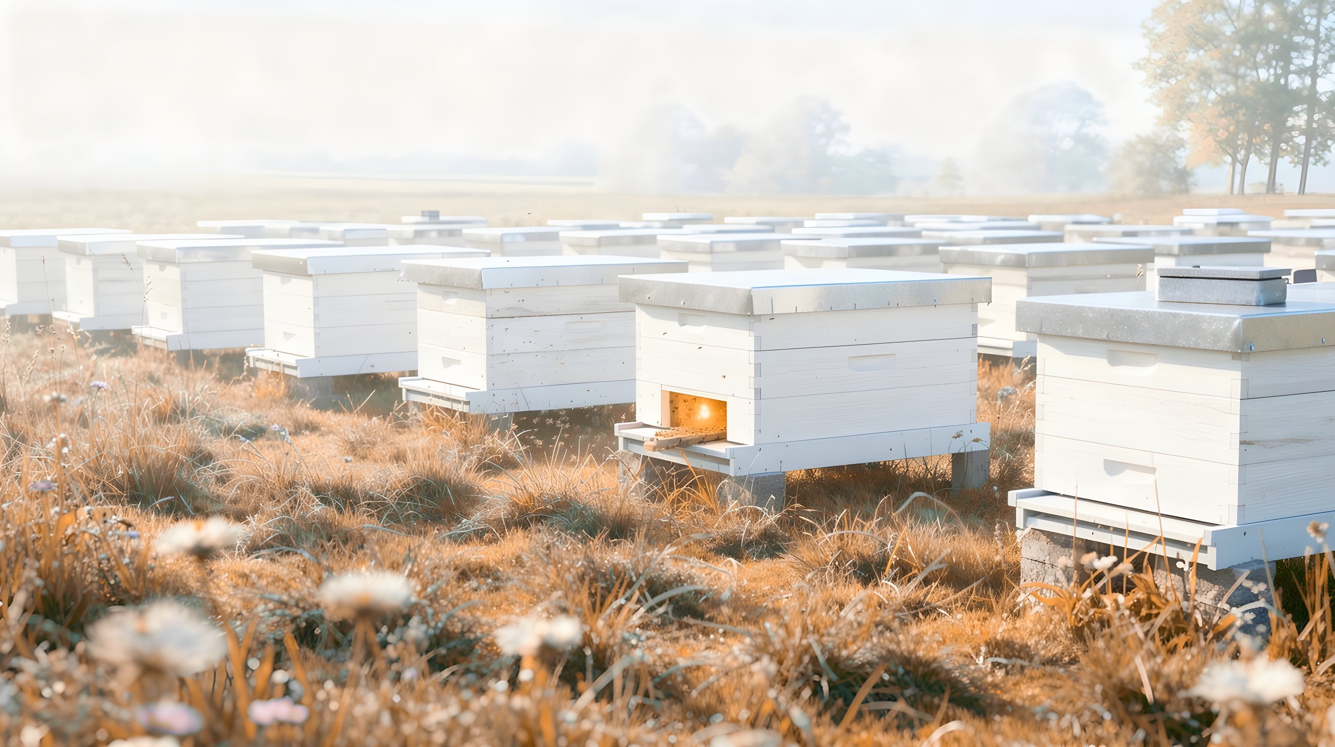 Illustration: rows of plain white beehives in a moonlit meadow, one hive glowing at its entrance.
